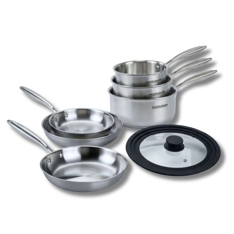 Batterie de cuisine avec 3 poêles 24/26/28 cm et 2 casseroles 14/18 cm avec 1 couvercle de cuisson universel sans PFAS Fackelmann Vita3