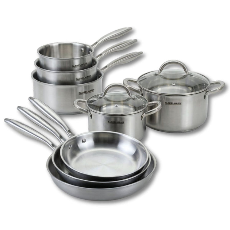 Batterie de cuisine avec 3 poêles 20/24/28 cm 2 casseroles 14/18 cm et 2 faitouts 20/24 cm en inox sans PFAS Fackelmann Vita3