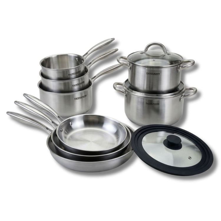 3 poêles à Frire 20 24 et 26 cm, Casseroles 1 et 18 cm, Faitouts 20 24 cm inox 18/10 Triply, Couvercle Fackelmann Vita3