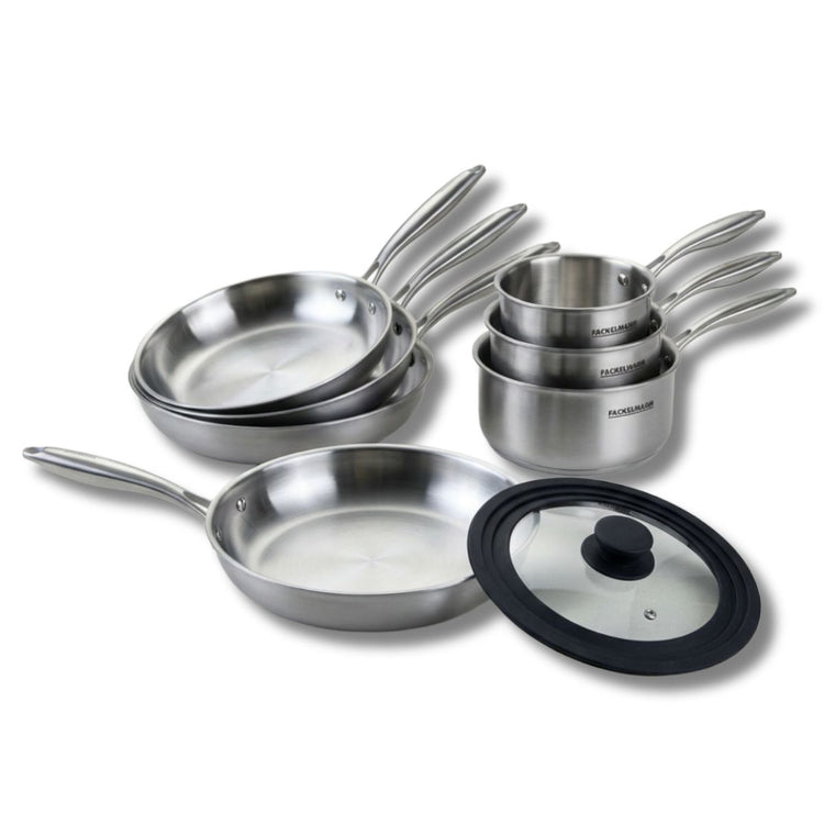 Batterie de cuisine avec 4 poêles 20/24/26/28 cm et 2 casseroles 14/18 cm avec 1 couvercle de cuisson universel sans PFAS Fackelmann Vita3