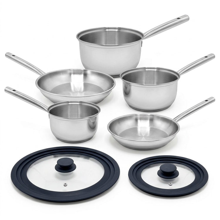Lot de 3 casseroles 18/20/22 cm et 2 poêles 20/28 cm en inox avec couvercles Fackelmann Rhona