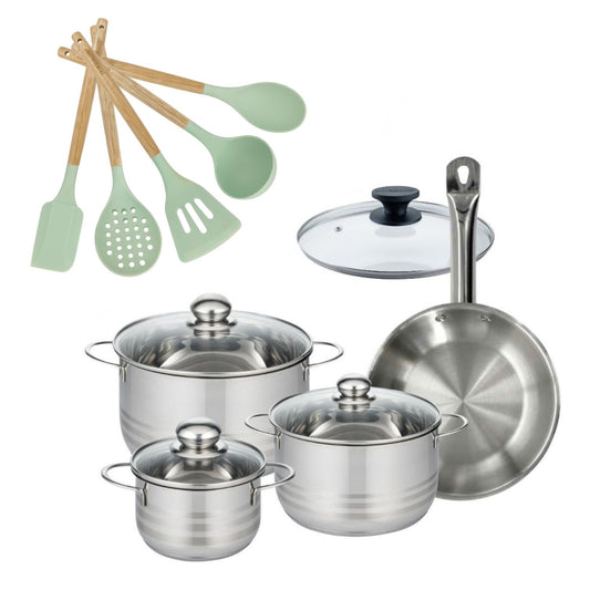 Batterie de cuisine avec 3 faitouts 16/20/24 cm et 1 poêle 24 cm avec 6 ustensiles de cuisine Fackelmann Etherna Brillant Fenix Océan avec couvercles