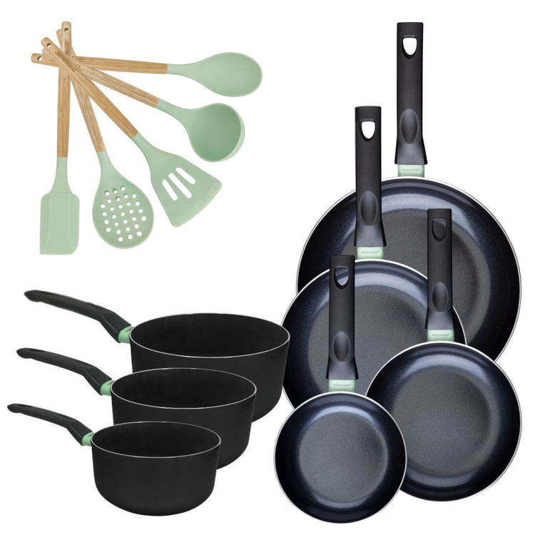 Batterie de cuisine avec 4 poêles 16/20/24/28 cm et 3 casseroles 16/18/20 cm et 5 ustensiles de cuisine Fackelmann Brandao Océan