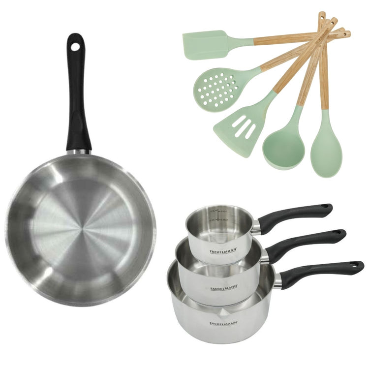 Batterie de cuisine avec 3 casseroles 12/16/20 cm et 1 poêle 28 cm avec 5 ustensiles de cuisine sans PFAS Fackelmann Généva Océan