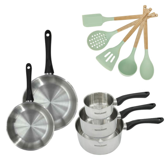 Batterie de cuisine avec 3 casseroles 12/16/20 cm et 2 poêles 20/24 cm avec 5 ustensiles de cuisine Fackelmann Généva Océan