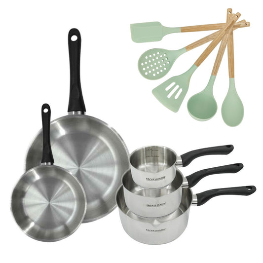 Batterie de cuisine avec 3 casseroles 12/16/20 cm et 2 poêles 20/28 cm et 5 ustensiles de cuisine Fackelmann Généva Océan