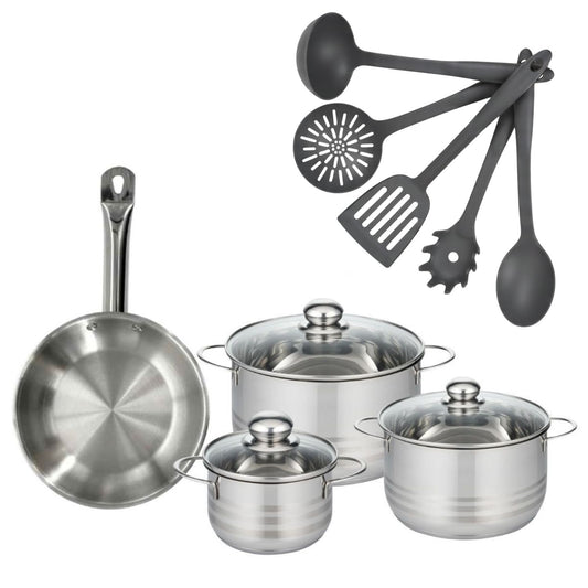 Batterie de cuisine avec 3 faitouts 16/20/24 cm et 1 poêle 24 cm avec 5 ustensiles de cuisine Fackelmann Etherna Brillant Clip