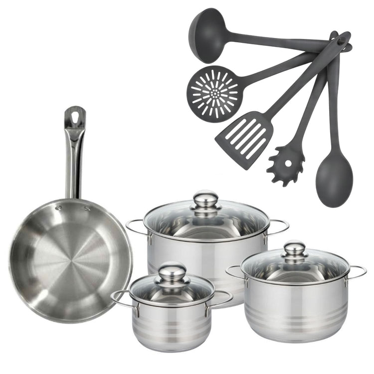 Batterie de cuisine avec 3 faitouts 16/20/24 cm et 1 poêle 24 cm avec 5 ustensiles de cuisine Fackelmann Etherna Brillant Clip