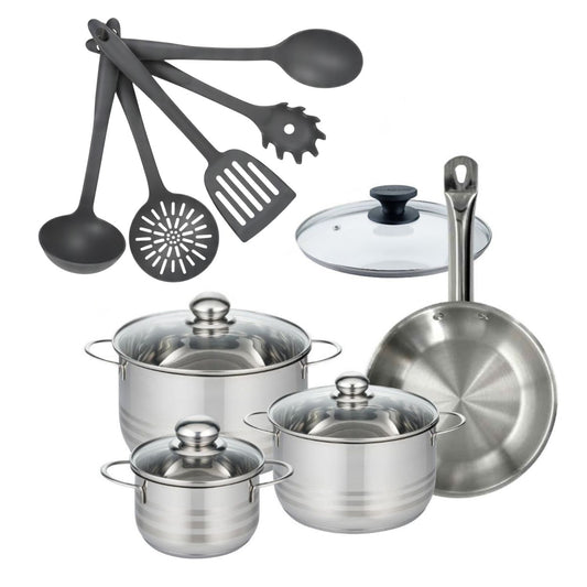 Batterie de cuisine avec 3 faitouts 16/20/24 cm et 1 poêle 24 cm avec 6 ustensiles de cuisine Fackelmann Etherna Brillant Clip avec couvercles