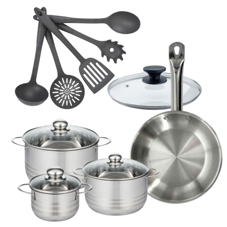 Batterie de cuisine avec 3 faitouts 16/20/24 cm et 1 poêle 28 cm avec 6 ustensiles de cuisine Fackelmann Etherna Brillant Clip avec couvercles