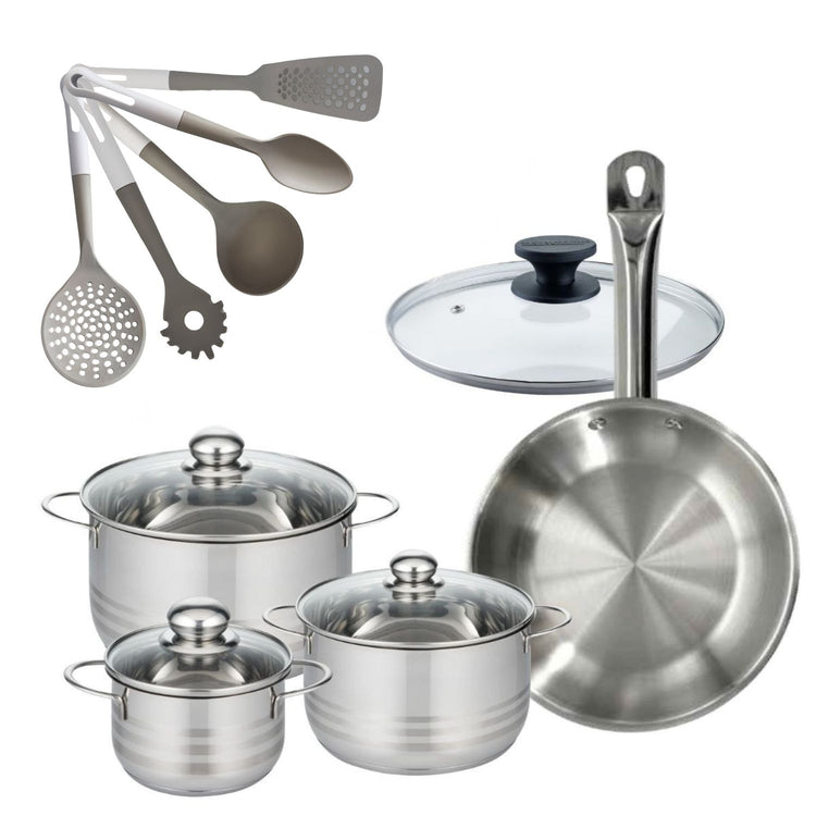 Batterie de cuisine avec 3 faitouts 16/20/24 cm et 1 poêle 28 cm avec 6 ustensiles de cuisine Fackelmann Etherna Brillant Vario avec couvercles