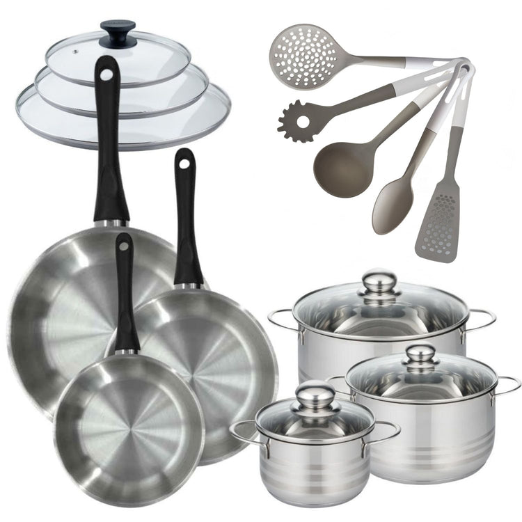 Batterie de cuisine Généva Brillant Vario avec 3 faitouts et 3 poêles avec couvercles et 8 ustensiles Fackelmann Généva Brillant Vario avec couvercles