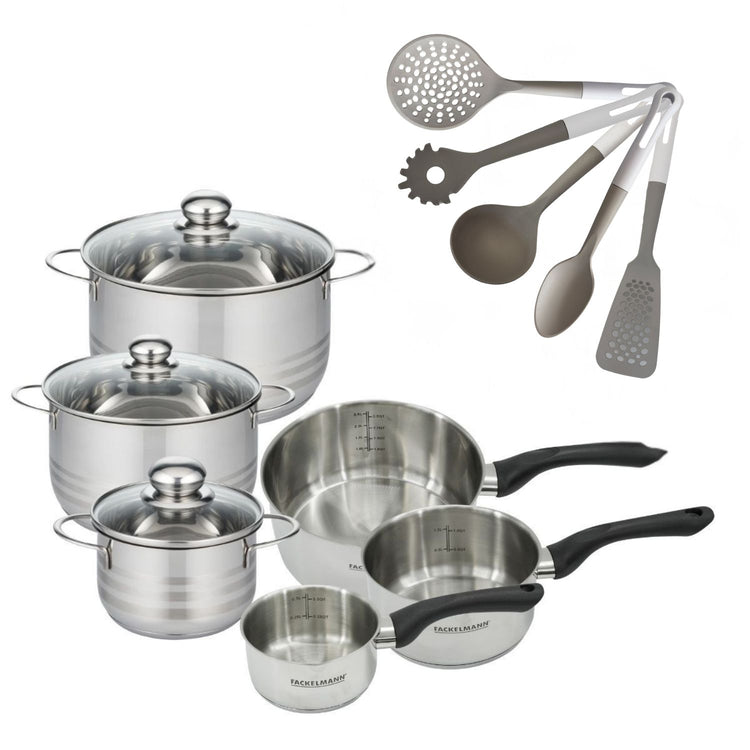 Batterie de cuisine avec 3 faitouts 16/20/24 cm et 3 casseroles 12/16/20 cm et 5 ustensiles de cuisine Fackelmann Généva Brillant Vario