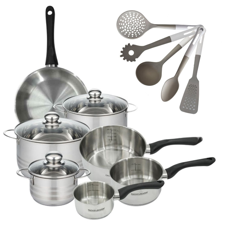 Batterie de cuisine avec 3 faitouts 16/20/24 cm et 3 casseroles 12/16/20 cm avec 5 ustensiles de cuisine Fackelmann Généva Brillant Vario