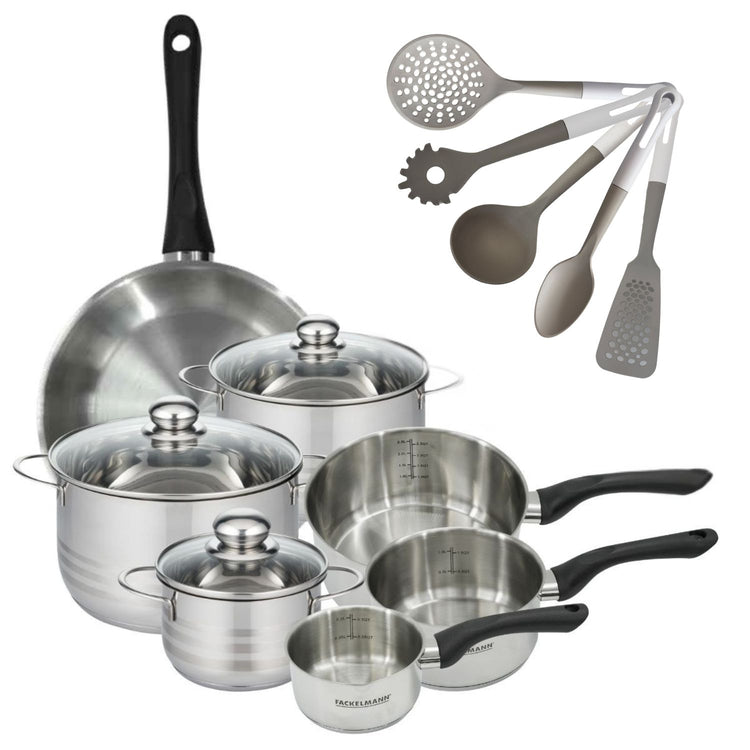 Batterie de cuisine avec 3 faitouts 16/20/24 cm et 3 casseroles 12/16/20 cm avec 5 ustensiles de cuisine Fackelmann Généva Brillant Vario