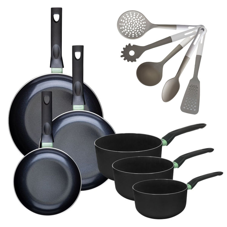 Batterie de cuisine avec 3 poêles 20/24/28 cm et 3 casseroles 16/18/20 cm et 5 ustensiles de cuisine Fackelmann Brandao Vario