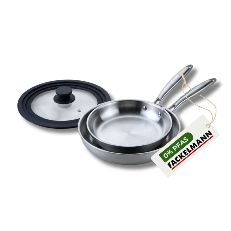 Set de 2 poêles de cuisson 24/26 cm en acier inoxydable avec 1 couvercle de cuisson universel Fackelmann Vita3