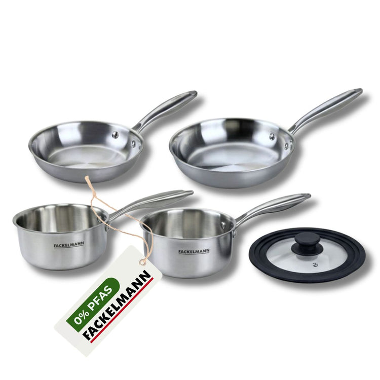 Poêles à Frire 20 et 24 cm Casseroles 14 et 18 cm inox 18/10 Triply et couvercle Fackelmann Vita3
