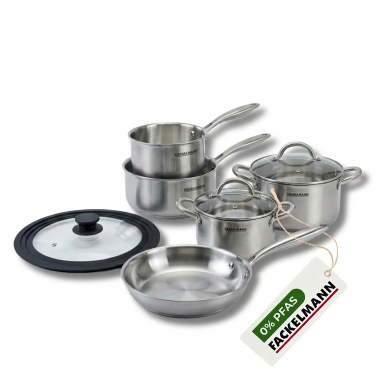 Batterie de cuisine avec 1 poêle 26 cm 3 casseroles 14/18 cm 2 faitouts 20/24 cm et 1 couvercle de cuisson universel sans PFAS Fackelmann Vita3