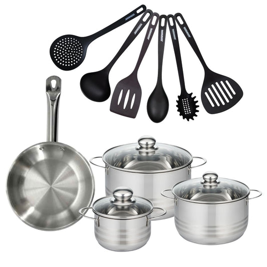 Batterie de cuisine avec 1 poêle 24 cm et 3 faitouts 16/20/24 cm et 6 ustensiles de cuisine sans PFAS Fackelmann Etherna Brillant Fenix