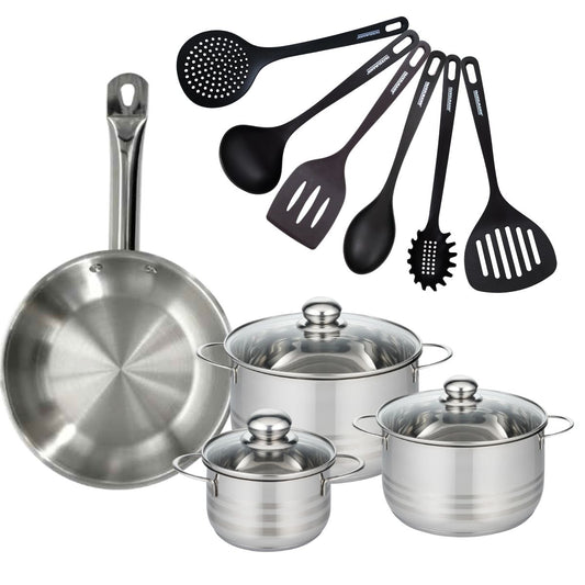 Batterie de cuisine avec 1 poêle 28 cm et 3 faitouts 16/20/24 cm avec 6 ustensiles de cuisine sans PFAS Fackelmann Etherna Brillant Fenix