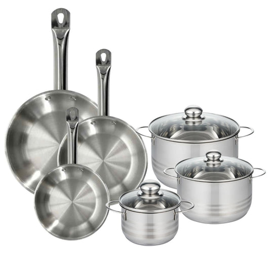 Batterie de cuisine avec 3 poêles 20/24/28 cm et 3 faitouts 16/20/24 cm en inox sans PFAS Fackelmann Eterna Brillant