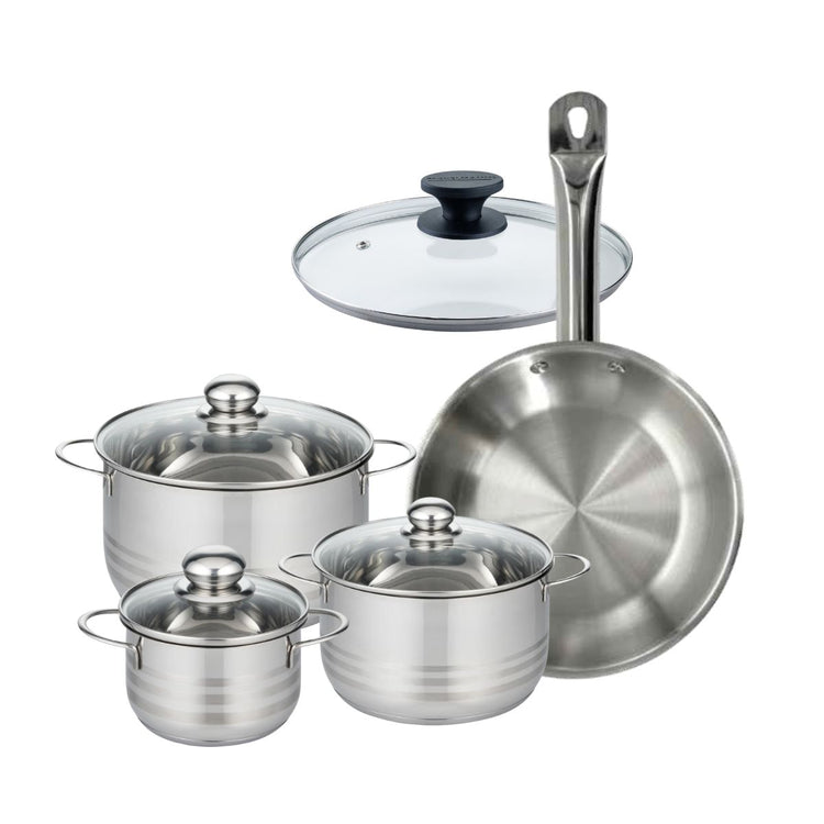 Batterie de cuisine avec 1 poêle 28 cm et 3 faitouts 20/24/16 cm sans PFAS Fackelmann Eterna Brillant avec couvercles