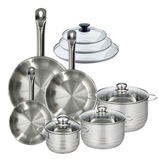 Batterie de cuisine avec 3 poêles 20/24/28 cm et 3 faitouts 16/20/24 cm sans PFAS Fackelmann Eterna Brillant avec couvercles