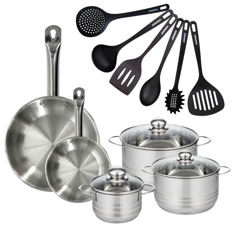Batterie de cuisine avec 2 poêles 20/28 cm et 3 faitouts 20/24 cm avec 6 ustensiles de cuisine sans PFAS Fackelmann Etherna Brillant Fenix