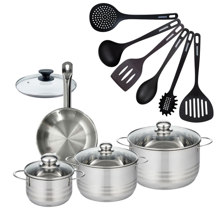 Batterie de cuisine 1 poêle 20 cm et couvercle, 3 faitouts 20/24/16 cm et 6 ustensiles de cuisine Fackelmann Eterna