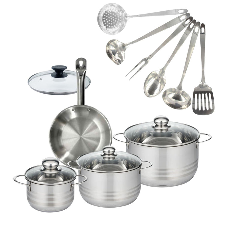 Batterie de cuisine avec 1 poêle 20 cm et 3 faitouts 20/24/16 cm avec 7 ustensiles de cuisine Fackelmann Etherna Brillant Oxford avec couvercles
