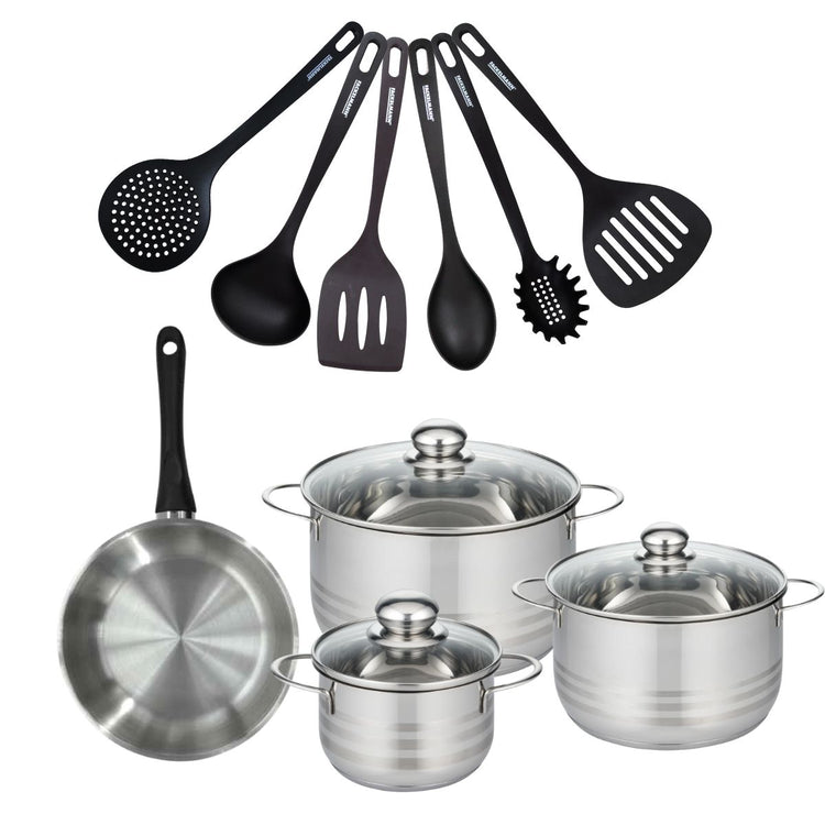 Batterie de cuisine avec 1 poêle 20 cm et 3 faitouts 16/20/24 cm et 6 ustensiles de cuisine sans PFAS Fackelmann Généva Brillant Fénix