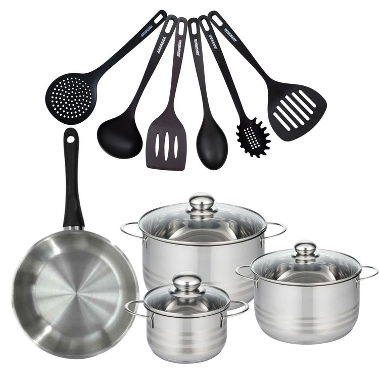 Batterie de cuisine avec 1 poêle 24 cm et 3 faitouts 16/20/24 cm avec 6 ustensiles de cuisine sans PFAS Fackelmann Généva Brillant Fénix