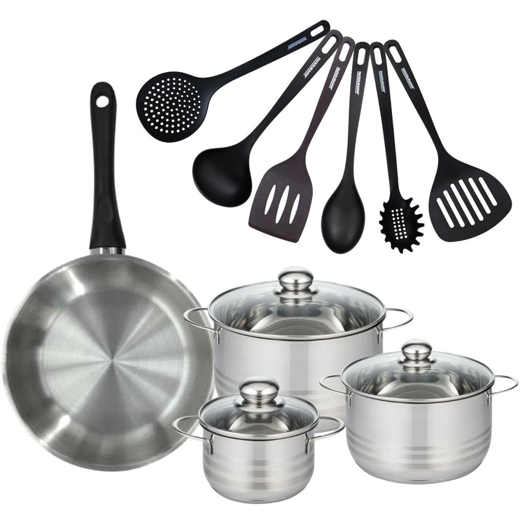 Batterie de cuisine avec 1 poêle 28 cm et 3 faitouts 16/20/24 cm avec 6 ustensiles de cuisine Fackelmann Généva Brillant Fénix