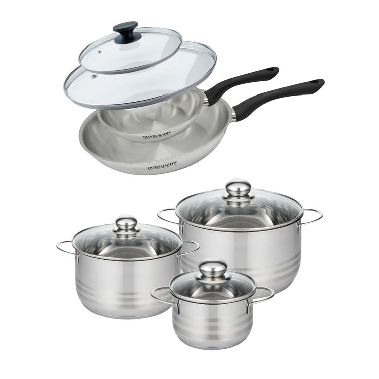 Batterie de cuisine avec 2 poêles 20/28 cm et 3 faitouts 16/20/24 cm sans PFAS Fackelmann Généva Brillant avec couvercles