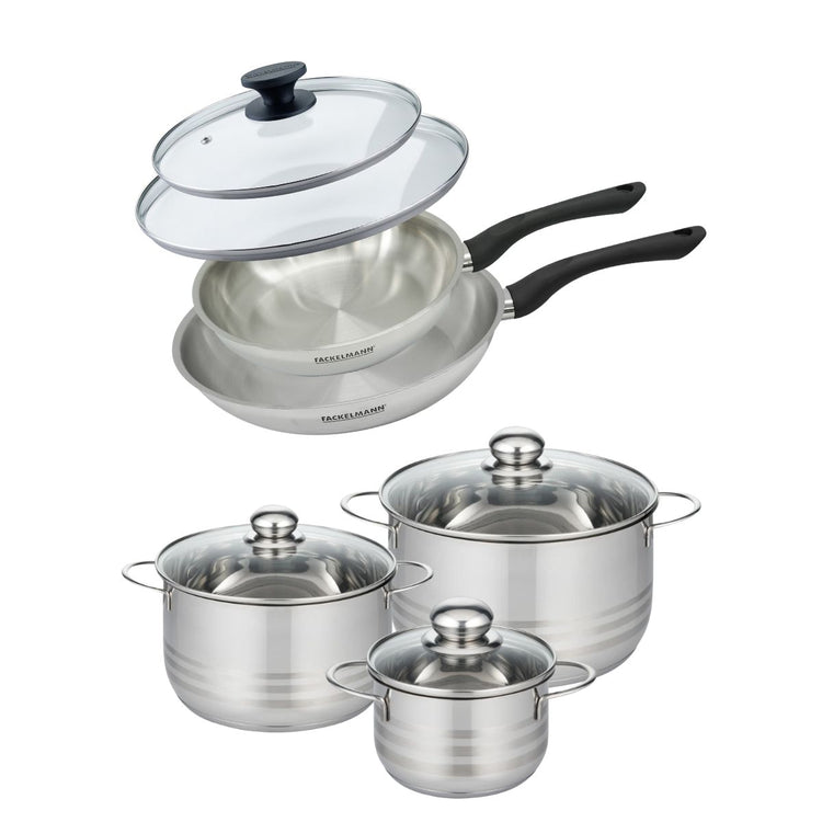 Batterie de cuisine avec 2 poêles 24/28 cm et 3 faitouts 16/20/24 cm sans PFAS Fackelmann Généva Brillant avec couvercles