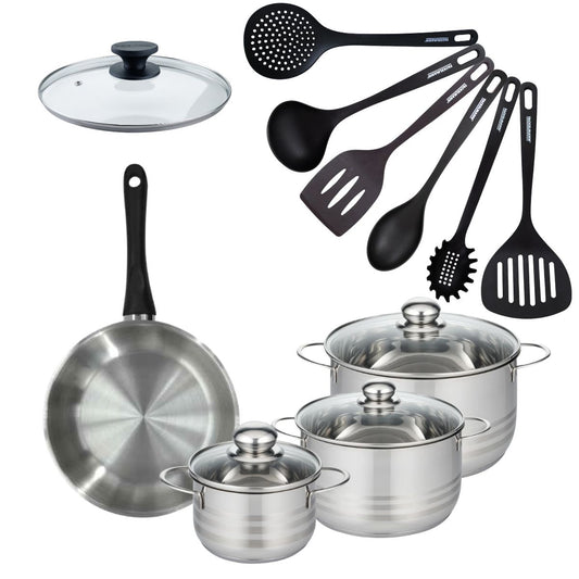 Batterie de cuisine 1 poêle 24 cm et couvercle, 3 faitouts 16/20/24 cm et 6 ustensiles de cuisine Fackelmann Geneva