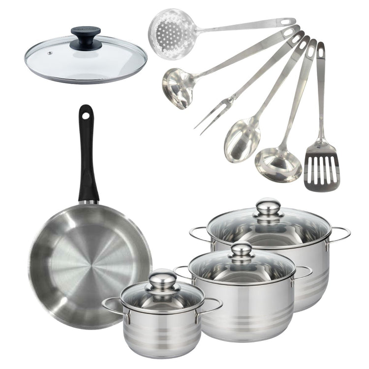 Batterie de cuisine avec 1 poêle 24 cm 3 faitouts 16/20/24 cm et 7 ustensiles de cuisine sans PFAS Fackelmann Généva Brillant Oxford avec couvercles
