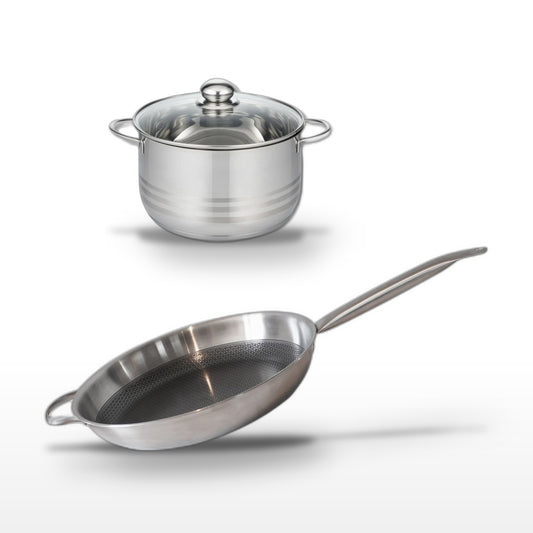 Batterie de cuisine avec 1 poêle de cuisson 32 cm et 1 faitout 20 cm en acier inoxydable sans PFAS Elo Collection Relief Solution Brillant