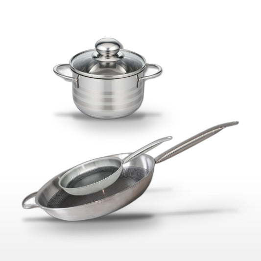 Batterie de cuisine avec 2 poêles de cuisson 24/32 cm et 1 faitout 12 cm en acier inoxydable sans PFAS Elo Collection Relief Solution Brillant