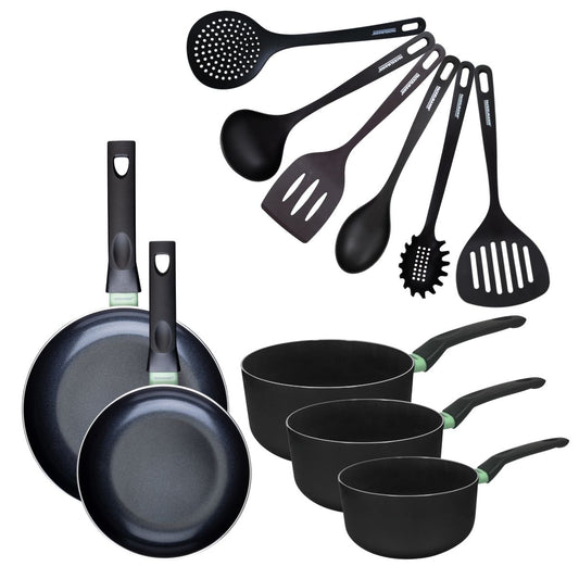 Set de 2 poêles 20 et 24 cm, 3 casseroles céramique 16, 18 et 20 cm et 6 ustensiles Fackelmann Brandao