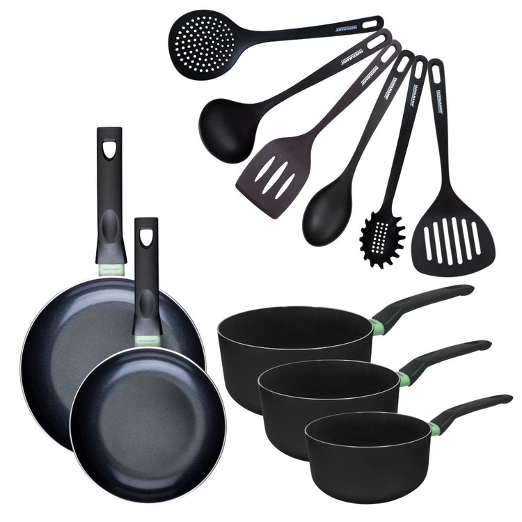 Set de 2 poêles 20 et 24 cm, 3 casseroles céramique 16, 18 et 20 cm et 6 ustensiles Fackelmann Brandao