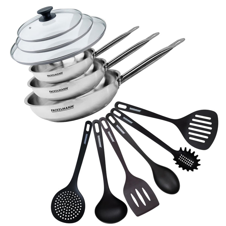 Set de 3 poêles de 20 24 et 28 cm en inox, 3 couvercles en verre et 6 ustensiles Fackelmann Eterna