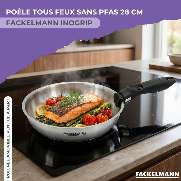 Poêle 28 cm en inox manche amovible Fackelmann InoGrip