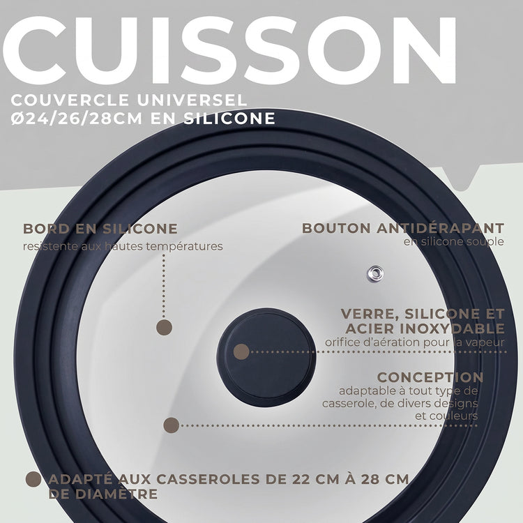 Couvercle de cuisson adaptable de 16 à 20 cm en verre et silicone Fackelmann