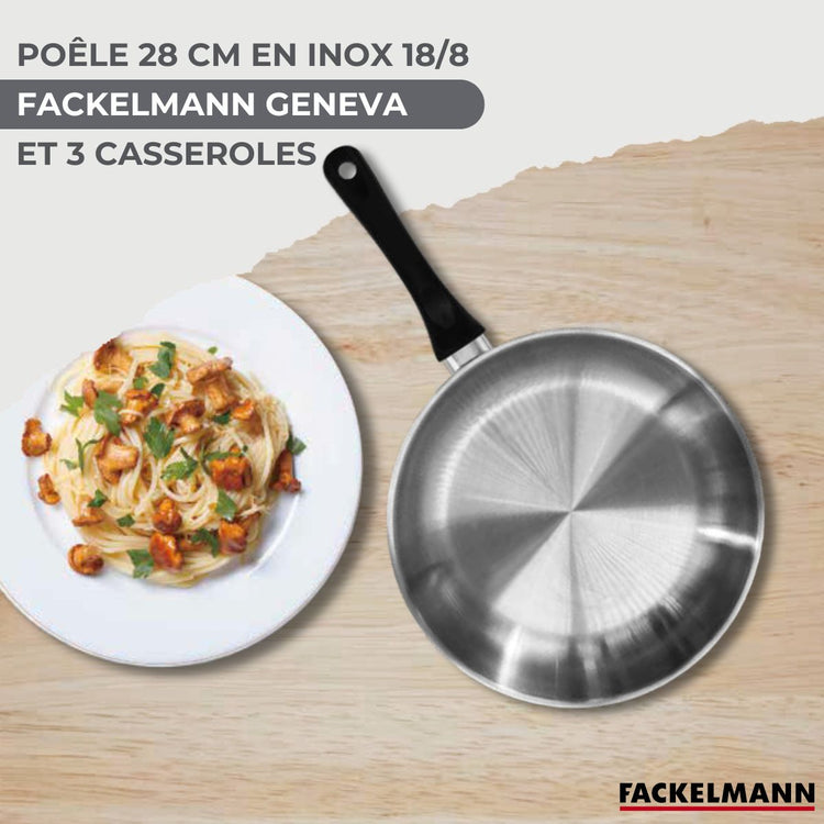 Batterie de cuisine avec 3 casseroles 12/16/20 cm et 1 poêle 28 cm avec 5 ustensiles de cuisine sans PFAS Fackelmann Généva Océan