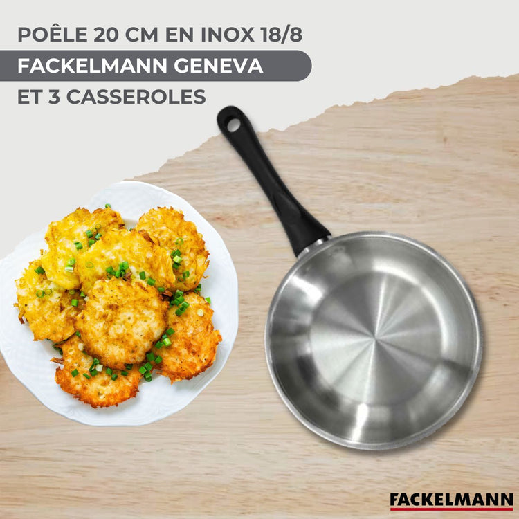 Batterie de cuisine avec 3 casseroles 12/16/20 cm et 1 poêle 20 cm avec 5 ustensiles de cuisine Fackelmann Généva Vario