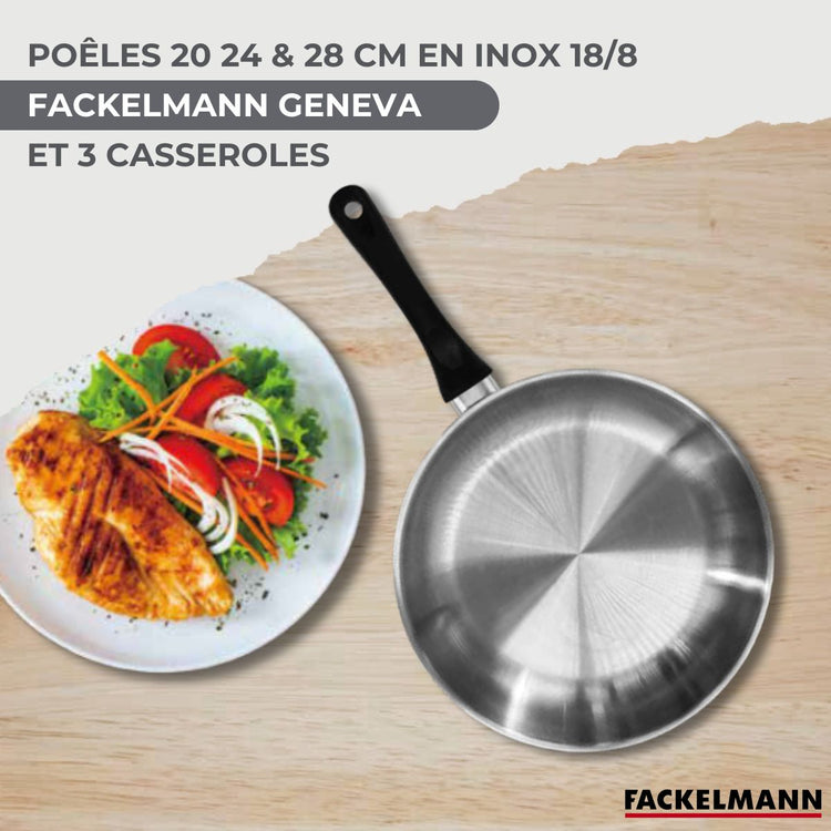 Batterie de cuisine avec 3 casseroles 12/16/20 cm et 3 poêles 20/24/28 cm avec 5 ustensiles de cuisine Fackelmann Généva Vario