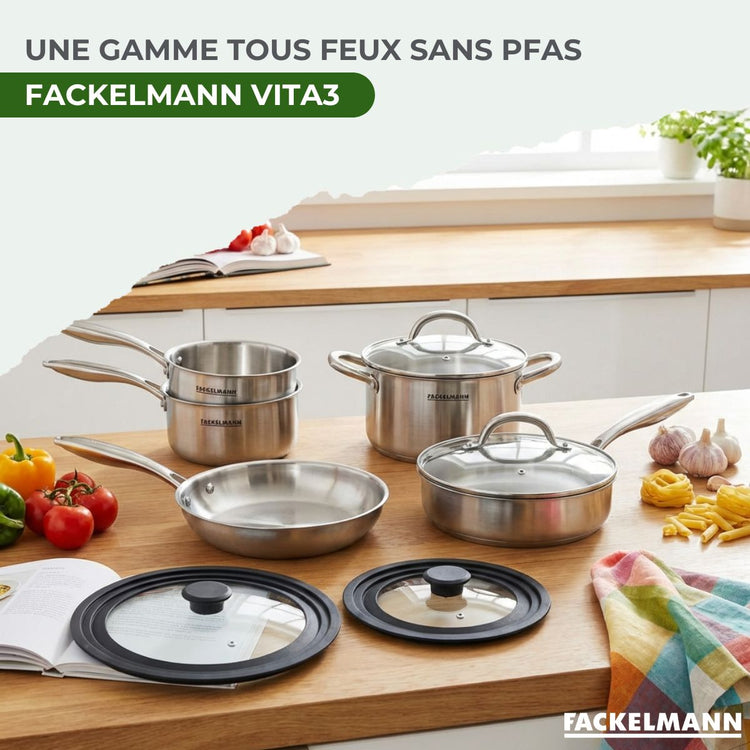 Poêles à Frire 24 cm, Casseroles 14 et 18 cm, Faitout 20 cm, Sauteuse 24 cm inox 18/10 Triply et 2 couvercles Fackelmann Vita3