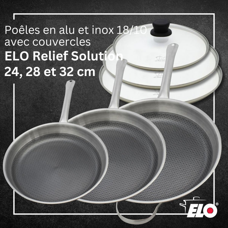 Lot de 3 poêles de cuisson 24/28/32 cm en acier inoxydable avec 4 couvercles Elo Relief Solution avec couvercles